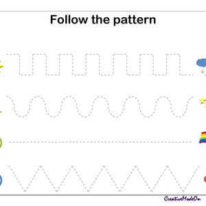 May include: A worksheet with the text "Follow the pattern" at the top. The worksheet has four rows with dashed lines for children to trace. The first row has a yellow sun on the left and a blue cloud with raindrops on the right. The second row has a yellow crescent moon on the left and three yellow stars on the right. The third row has a green smiley face on the left and a rainbow on the right. The fourth row has a blue smiley face on the left and a red flower on the right.