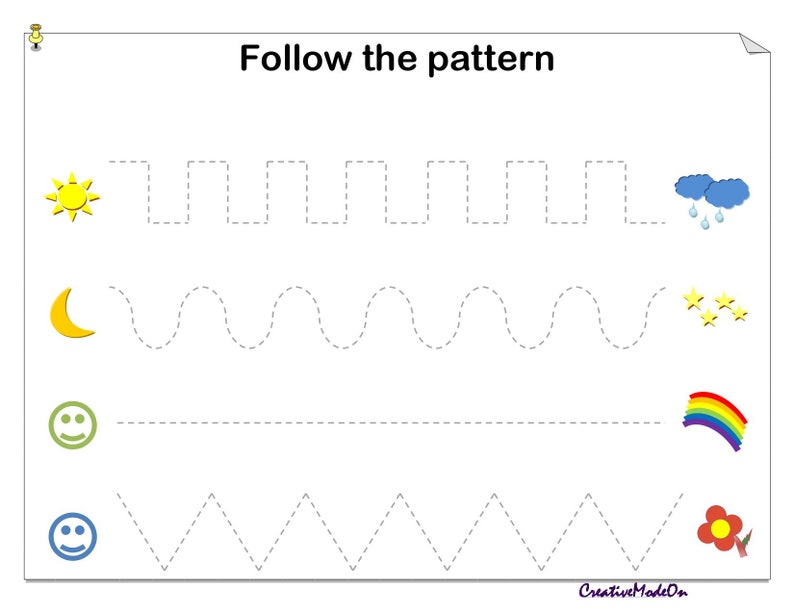 May include: A worksheet with the text "Follow the pattern" at the top. The worksheet has four rows with dashed lines for children to trace. The first row has a yellow sun on the left and a blue cloud with raindrops on the right. The second row has a yellow crescent moon on the left and three yellow stars on the right. The third row has a green smiley face on the left and a rainbow on the right. The fourth row has a blue smiley face on the left and a red flower on the right.