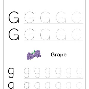 May include: A printable worksheet for tracing the uppercase and lowercase letter G. The worksheet includes a picture of a grape and the word "Grape".