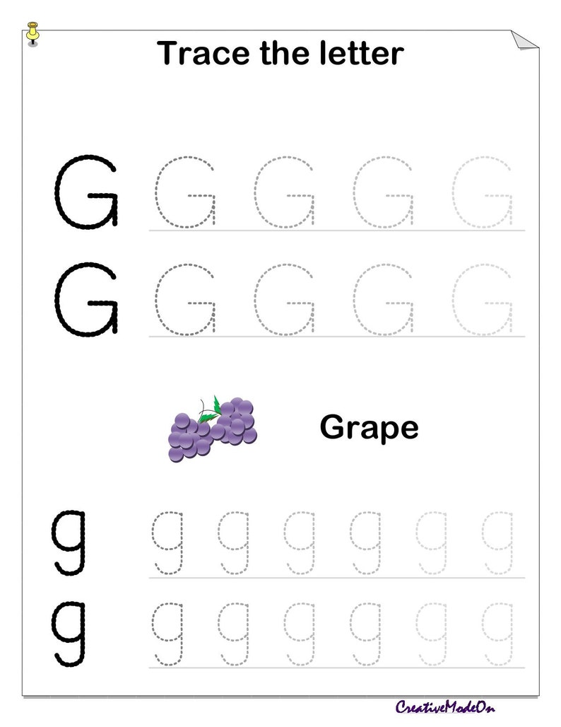 May include: A printable worksheet for tracing the uppercase and lowercase letter G. The worksheet includes a picture of a grape and the word "Grape".