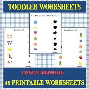 May include: A set of 48 printable toddler worksheets. The worksheets feature activities such as counting and matching, matching shapes with their shadows, and matching the same fruits. The worksheets are designed to help toddlers learn basic skills such as counting, matching, and recognizing shapes and colors.