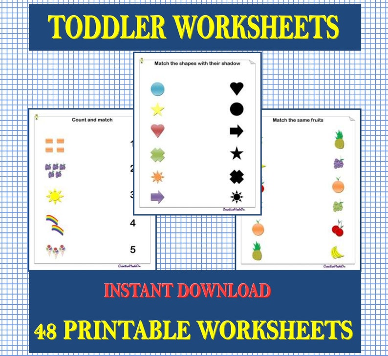 May include: A set of 48 printable toddler worksheets. The worksheets feature activities such as counting and matching, matching shapes with their shadows, and matching the same fruits. The worksheets are designed to help toddlers learn basic skills such as counting, matching, and recognizing shapes and colors.
