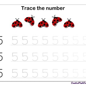 May include: A worksheet for tracing the number 5. The worksheet features five ladybugs at the top and three rows of the number 5 with dotted lines for tracing.