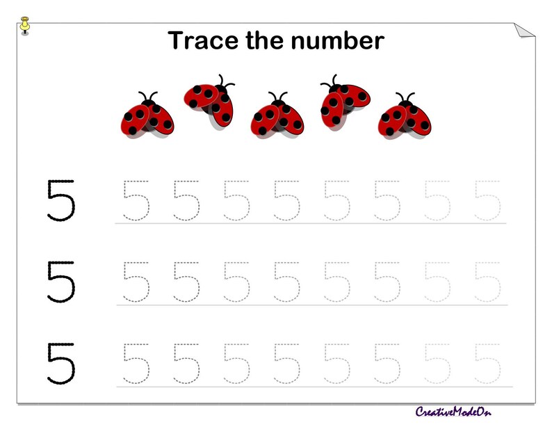 May include: A worksheet for tracing the number 5. The worksheet features five ladybugs at the top and three rows of the number 5 with dotted lines for tracing.