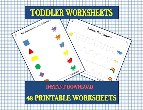 Toddler Worksheets - Package of 48 Printable Worksheets, Tracing Alphabet, Numbers, Shapes, Colours, Fruits, Early Learning, Home, Preschool
