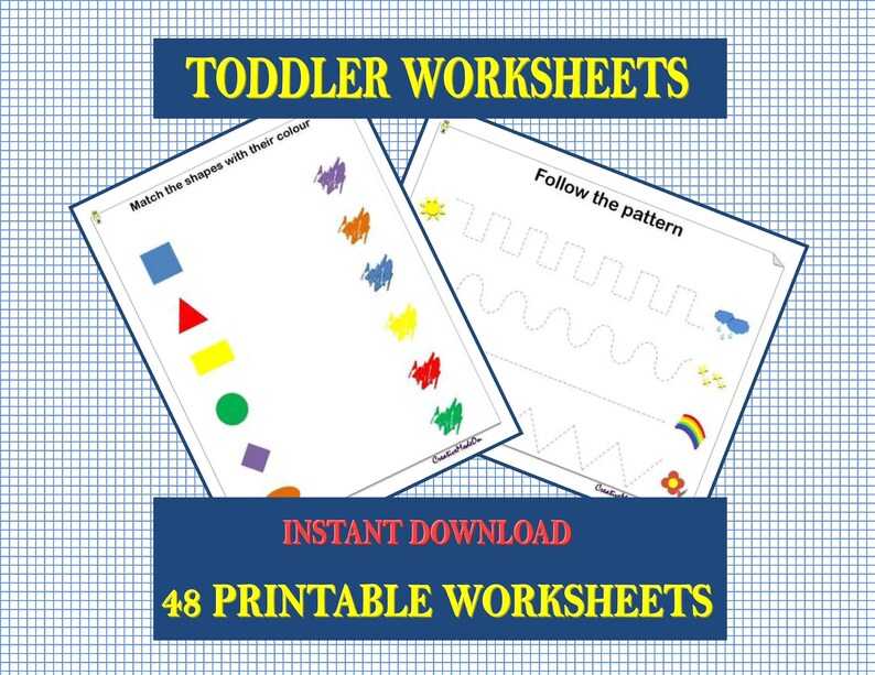 May include: Two printable toddler worksheets. The first worksheet shows a variety of shapes and asks the child to match the shapes with their corresponding colors. The second worksheet asks the child to follow the pattern of lines and shapes.