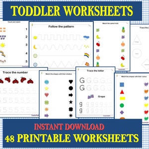 May include: A set of 48 printable toddler worksheets. The worksheets feature various activities such as counting and matching, tracing shapes and letters, and following patterns. The worksheets are designed to help toddlers develop their fine motor skills, hand-eye coordination, and cognitive abilities.