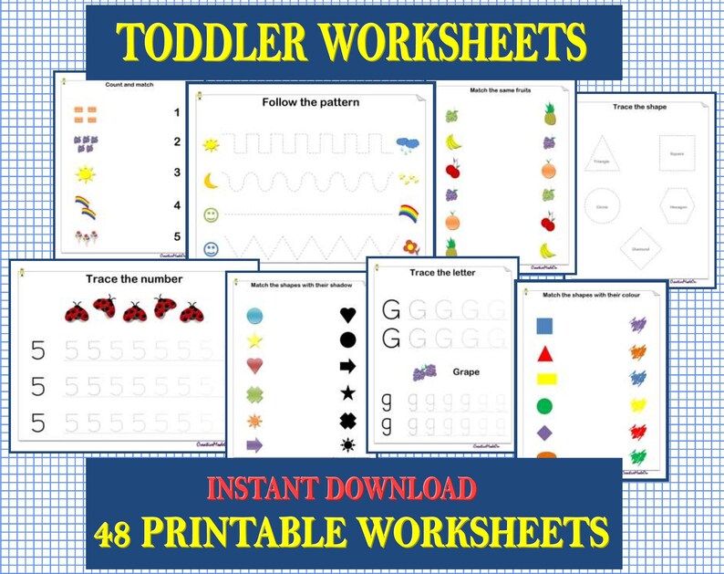 May include: A set of 48 printable toddler worksheets. The worksheets feature various activities such as counting and matching, tracing shapes and letters, and following patterns. The worksheets are designed to help toddlers develop their fine motor skills, hand-eye coordination, and cognitive abilities.