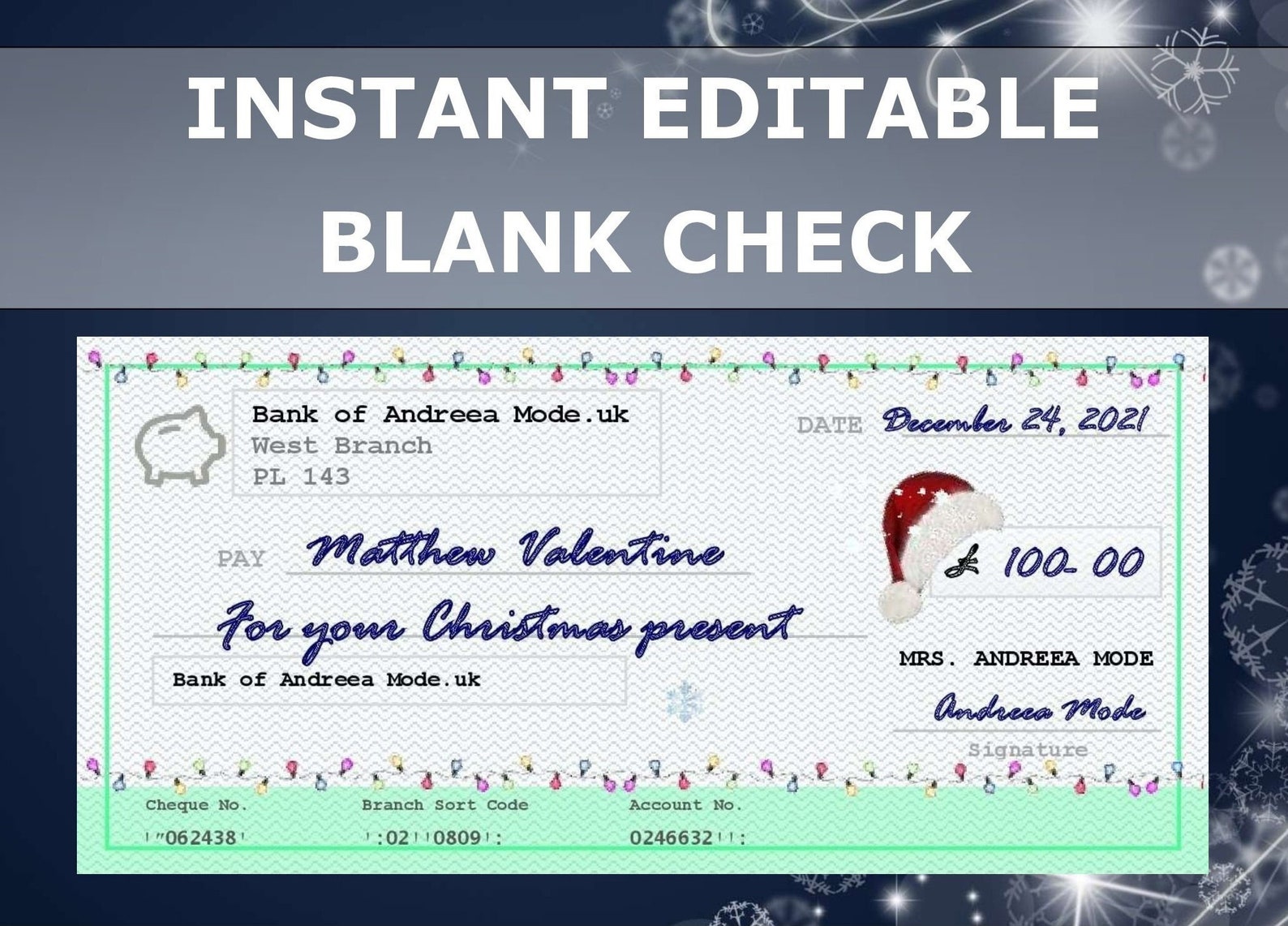 EDITABLE Blank Check Template, Christmas Gift, Kids, Last Minute Gift EDITABLE Blank Check Template, Christmas Gift, Kids, Last Minute Gift