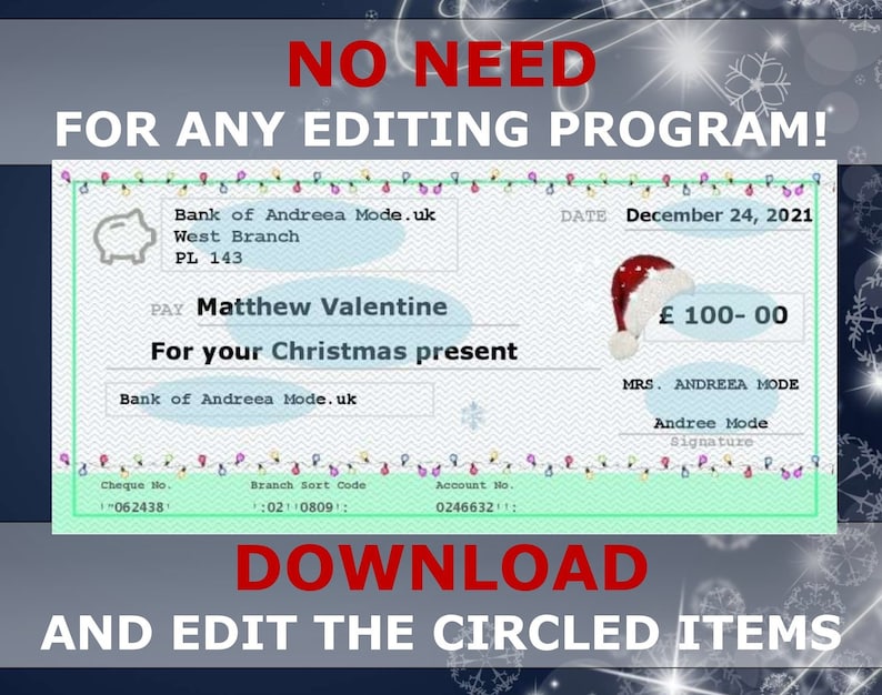 EDITABLE Blank Check Template, Christmas Gift, Kids, Last Minute Gift