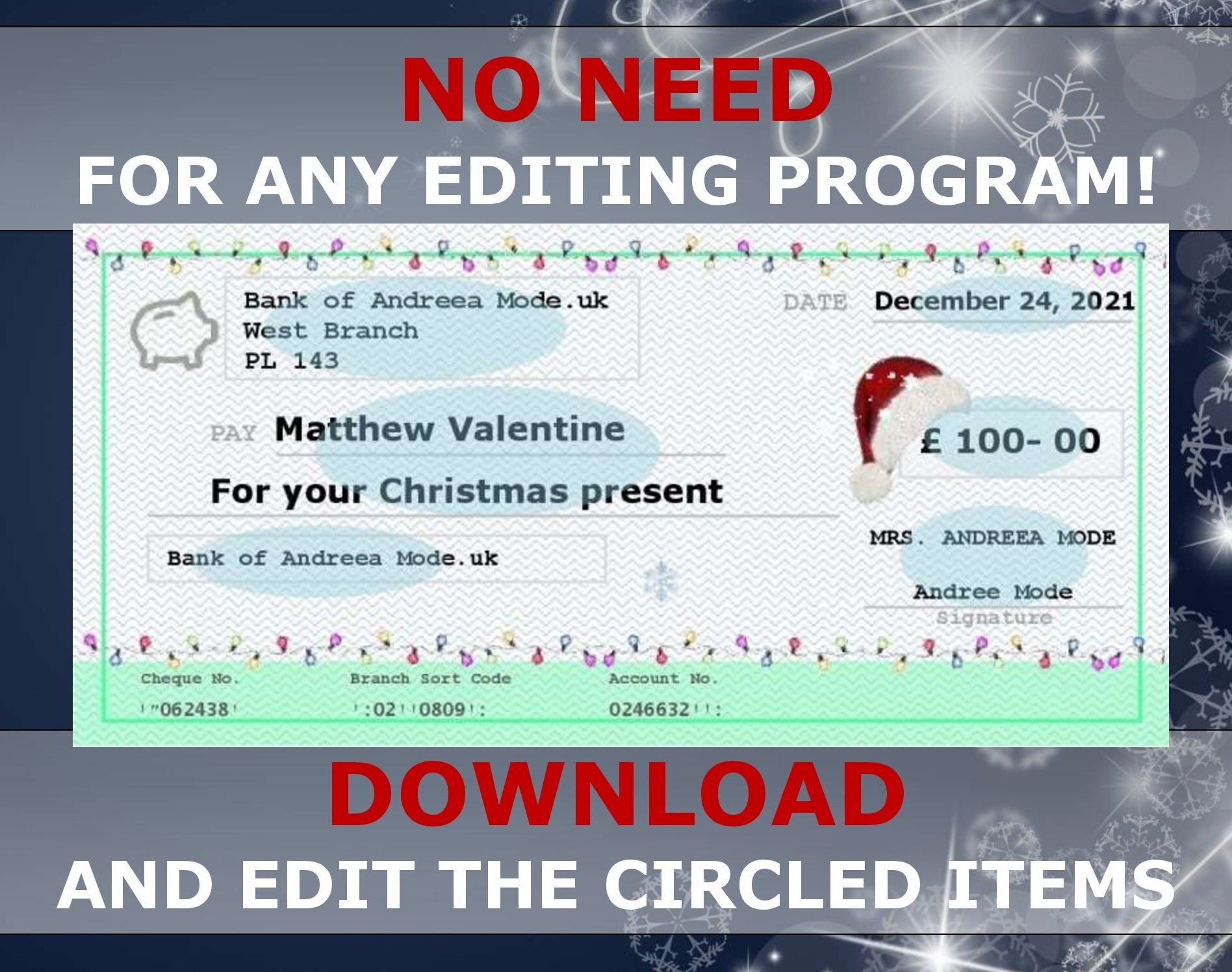 EDITABLE Blank Check Template, Christmas Gift, Kids, Last Minute Gift ...