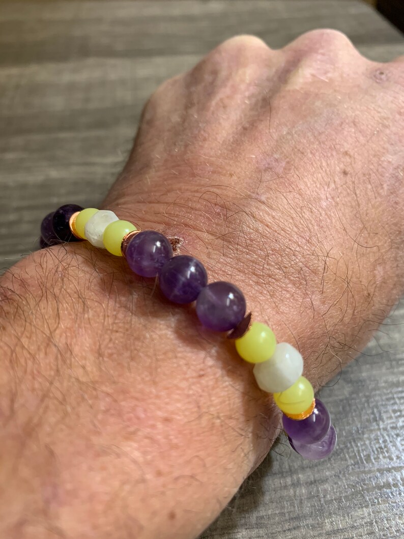 Amethyst New Jade Serpentine /& Rainbow Moonstone Crown Chakra Beaded Bracelet