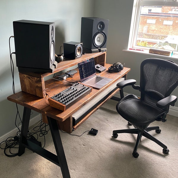 Studio Desk - Rustic Keyboard Tray  - Monitor Riser Shelf - Industrial Solid Heavy Duty Leg Trellis A Frame - Customisable for Office / Home