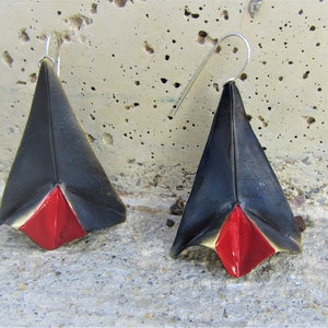 Paper Airplane Earrings, Geometric Earrings, Avant Garde Jewelry, Triangle Jewelry, Black Red Jewelry, Statement Earrings, Origami Jewelry