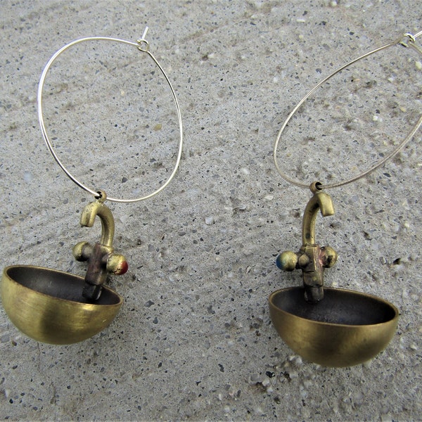 Faucet Earrings, Tap Water, Fan Jewelry, Hoops Earrings, Brass Earrings, Unique Gift, Fan Gift, Miniature Jewelry, Dangle Earrings