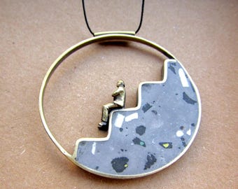 Concrete Circle Necklace: Bronze Staircase Pendant, Architectural Jewelry