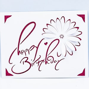 Verjaardagskaart SVG, gelukkige verjaardag, pop-up madeliefje, kalligrafie, gesneden bestand voor Cricut, silhouet