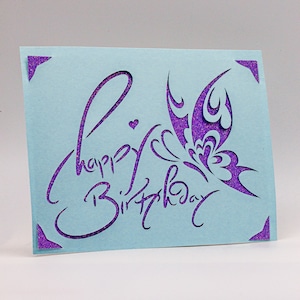 Tarjeta de cumpleaños SVG, Mariposa, Feliz cumpleaños, Caligrafía, Archivo cortado para Cricut Joy