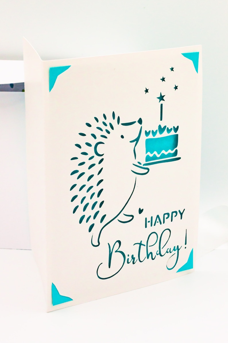 May include: A white card with a blue border and a hedgehog carrying a birthday cake with a lit candle. The card says "Happy Birthday!" in blue cursive writing.