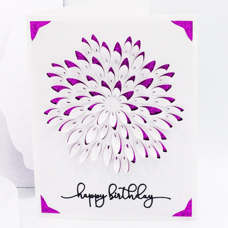 May include: A white card with a pink glitter border and a pink glitter flower design in the center. The card says "happy birthday" in black script.
