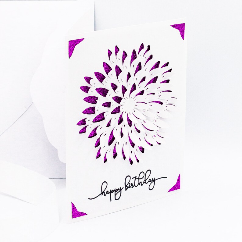 May include: A white card with a pink glitter design in the shape of a flower. The card says "happy birthday" in black script.