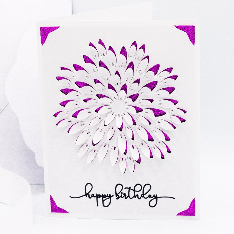 May include: A white card with a pink glitter border and a pink glitter flower design. The card says "happy birthday" in black script.