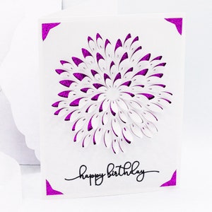 May include: A white card with a pink glitter border and a pink glitter cut-out design of a flower. The card says "happy birthday" in black script.