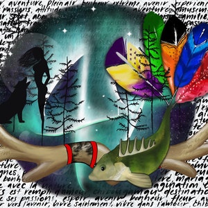 May include: A digital illustration featuring a pair of light brown antlers, a green fish, and a cluster of colorful feathers. The background displays a silhouette of a wolf and a person against a teal moon, surrounded by French text.