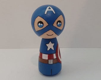 Captain America Peg Doll; Kokeshi Style