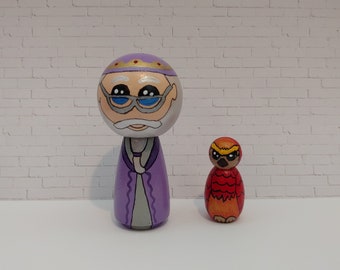 Dumbledore & Fawkes Peg Doll, Small Kokeshi Style