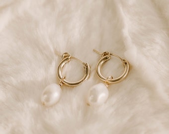 14k Gold Filled Pearl Hoop Earrings