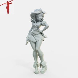 May include: A light gray figurine of a cartoon woman with a bow in her hair, a short dress, and high-heeled boots. The figure is posed with one hand on her hip and the other at her side. The figurine is on a white background.
