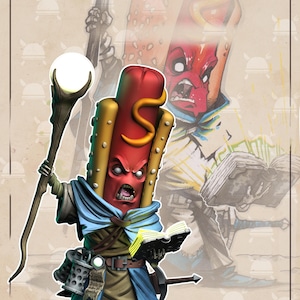 May include: Illustration of a hot dog character dressed as a wizard, holding a staff with a glowing orb. The hot dog has an angry expression and is wearing a blue cape and belt. A second, transparent hot dog wizard is in the background.