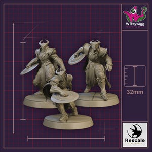 May include: Three miniature figurines of armored characters, each holding a disc-shaped weapon. The figures are light gray and stand on circular bases. The image includes the text "Wizzywigg Workshop" and "Rescale Miniatures". The height of the figures is 32mm.