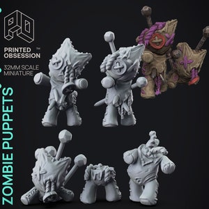 May include: Five 32mm scale miniature zombie puppets. The puppets are made of gray plastic and have a stitched, ragged appearance. They have various poses and expressions, including a puppet with a button eye and a puppet with a stitched mouth.