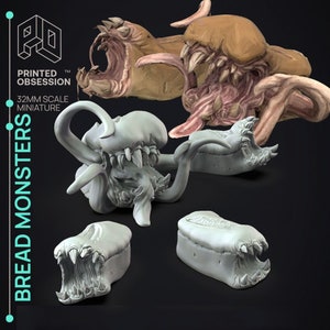 May include: A set of 3D printed bread monster miniatures. The set includes a large, multi-headed monster with tentacles, and two smaller, single-headed monsters. The miniatures are painted in a light gray color. The text "BREAD MONSTERS" is printed on the left side of the image. The text "PRINTED OBSESSION" and "32MM SCALE MINIATURE" is printed on the top left of the image.