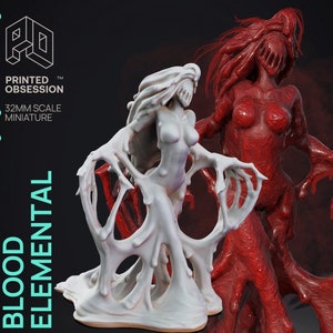 Puede incluir: Una miniatura de elemental de sangre a escala de 32 mm. La figura está esculpida en forma humanoide con un cuerpo fluido y viscoso. La figura se muestra en dos poses, una en estado blanco sin pintar y la otra pintada en rojo vibrante.