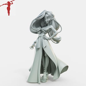 May include: A light gray figurine of a woman with long flowing hair and a long dress. The woman is posed with one hand on her hip and the other extended. She wears hoop earrings and sandals. A red silhouette of a woman with a spear is in the upper left corner.