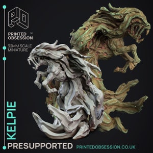 May include: A 32mm scale miniature of a Kelpie, a mythical water spirit, in a dynamic pose. The figure is primarily light gray with detailed textures, showcasing a creature with a horse-like body and flowing mane. The background features a second Kelpie in green and brown tones.
