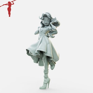 May include: A light gray figurine of a woman in a dress and high-heeled boots. The figure has a smiling expression and is posed with her hands near her face. The dress has a flared skirt and a button-down bodice.