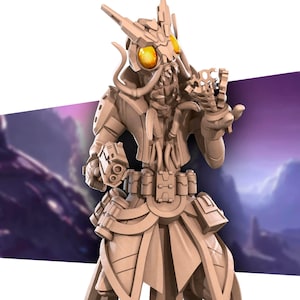 May include: A detailed, 3D printed figurine of a humanoid creature with insect-like features. The figure is wearing a futuristic outfit with a belt and pouches. The creature has large, yellow eyes and a long, segmented snout.