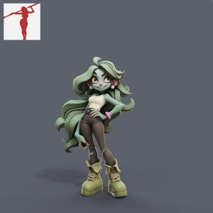May include: A 3D rendered cartoon figure of a green-skinned woman with long, flowing green hair. She wears a white tank top, brown pants, and olive green boots. A pink bracelet adorns her wrist. The figure has a confident pose and a slight smile.