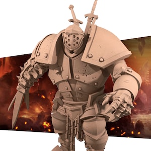 May include: A detailed, unpainted miniature of a heavily armored warrior figure with a helmet, swords, and a spiked gauntlet. The figure is posed in a threatening stance.