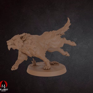 May include: A detailed miniature of a wolf running, painted in a light brown color. The wolf is posed with its mouth open and its tail raised. The miniature is set on a round base.