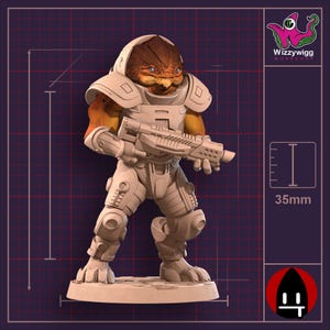 May include: A detailed figurine of a humanoid alien in a white armored suit, holding a futuristic rifle. The creature has a brown head and orange skin. The figurine is 35mm tall and is on a white base. The image includes the "Wizzywigg Workshop" logo.
