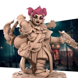 May include: A whimsical figurine of a pink-haired goblin wearing a jester's costume and holding a musical instrument and a chain with a lantern. The goblin has a mischievous expression and is wearing a belt with a pouch.