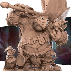 May include: A brown, turtle-like creature wearing armor and holding a large axe and a small bird. The creature is standing on a base with a small rabbit figurine.