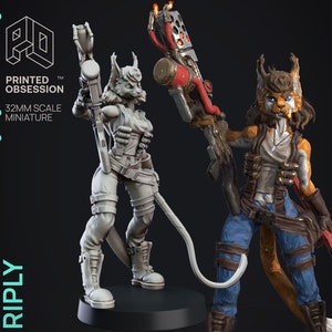 May include: A 32mm scale miniature of a furry humanoid with a long tail, holding a large weapon. The miniature is painted in a realistic style with a gray, brown, and orange color scheme. The miniature is part of the "Printed Obsession" line.