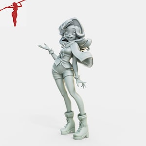 May include: A light gray figurine of a cartoon character in a stylish outfit. The character wears a jacket, shorts, boots, and a cape. The figure is posed with one arm outstretched and a smiling expression.