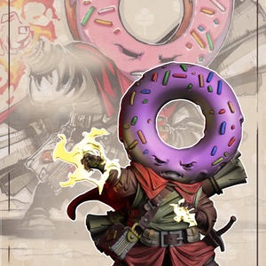 May include: A digital illustration of a fantasy character with a donut-shaped head, purple with colorful sprinkles. The character is dressed in a red and brown outfit, holding a glowing yellow object. A larger donut image is in the background.